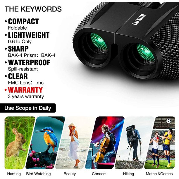 SGODDE Compact Binoculars, 10 x 25mm Fully Coated Porro Prism Waterproof Binocular, Weak Light Night Vision, Folding High Powered Clear